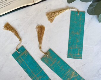 Teal Gold Bookmark, Metallic Gold Brush Strokes Handmade Gifts Eco Friendly Bookmarks Gold Tassel Cool Bookmark for Men Women Coworker Gifts