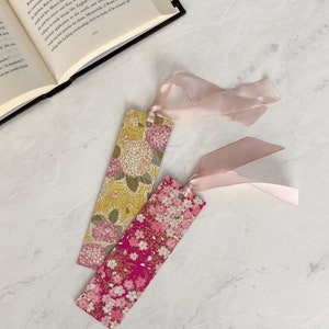 Silk Ribbon Bookmarks Japanese Bookmarks, Sakura and Primrose Floral Art Designs, SparkMarks Handmade Bookmarks, Mothers Day Gift image 1