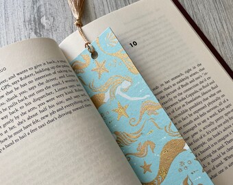 Mermaid Bookmark with Gold Tassel, Under Water Sea Creatures, Starfish, Seahorse Ocean Themed Gift Beach Lover