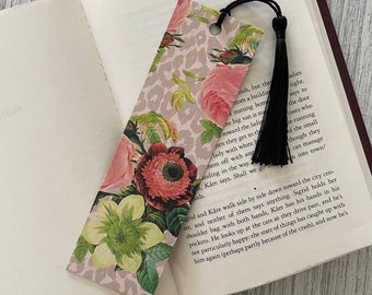 Urban Flora Bookmark with Tassel | Assorted Flowers on Blush Pink Cheetah