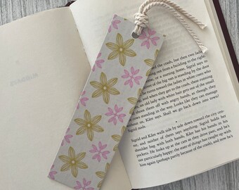 Macrame Tied Bookmark | Pink & Yellow Floral Pattern Thick Sturdy Decoupage Spark Marks Handmade Bookmarks