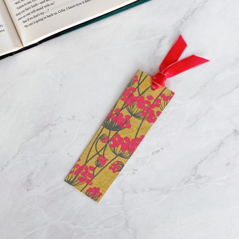 Velvet Ribbon Bookmark, Handmade Nepal Lokta Paper Bookmark, Bright Pink Floral, Pretty Bookmark Gift Idea, Thick Sturdy Bookmarks image 2