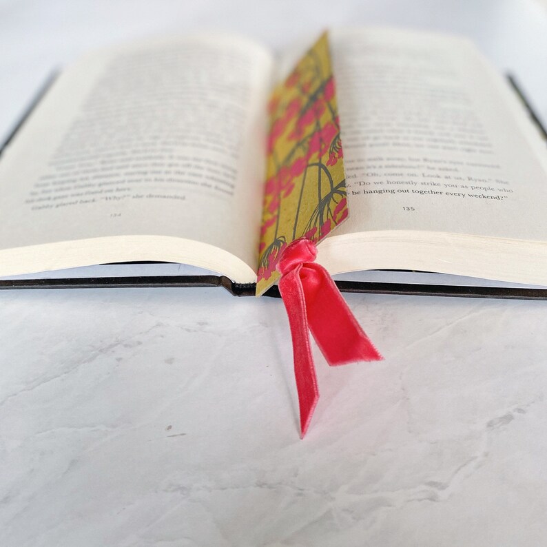Velvet Ribbon Bookmark, Handmade Nepal Lokta Paper Bookmark, Bright Pink Floral, Pretty Bookmark Gift Idea, Thick Sturdy Bookmarks image 3