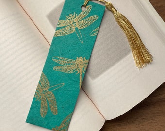 Dragonfly Bookmark Metallic Gold Dragonflies on Turquoise, Sustainable Lokta Plant Paper Based Bookmark, Gift for Outdoor Nature Lover