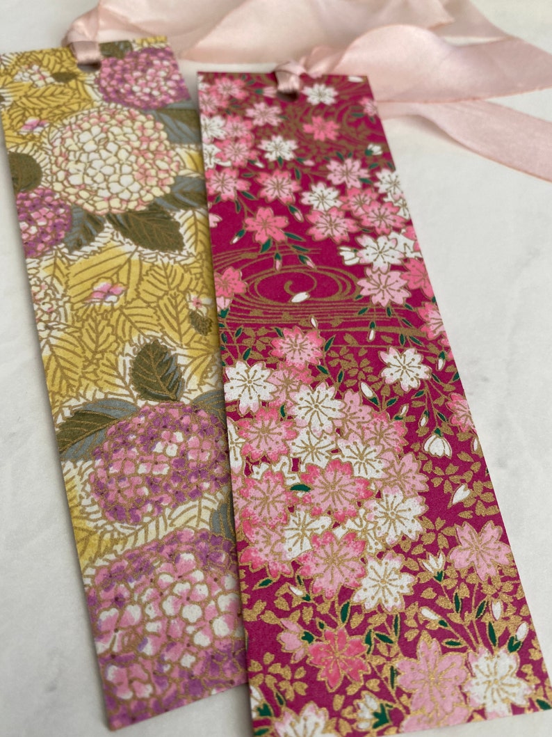 Silk Ribbon Bookmarks Japanese Bookmarks, Sakura and Primrose Floral Art Designs, SparkMarks Handmade Bookmarks, Mothers Day Gift image 2