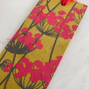 Velvet Ribbon Bookmark, Handmade Nepal Lokta Paper Bookmark, Bright Pink Floral, Pretty Bookmark Gift Idea, Thick Sturdy Bookmarks image 4