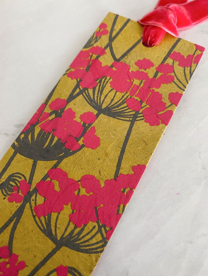 Velvet Ribbon Bookmark, Handmade Nepal Lokta Paper Bookmark, Bright Pink Floral, Pretty Bookmark Gift Idea, Thick Sturdy Bookmarks image 4