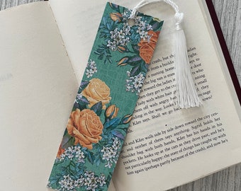 Floral Bookmark with Tassel | Orange Roses on Turquoise