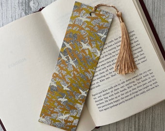 Japanese Crane Bookmark, Reversible Metallic Marbled Bookmark with Tassel, Sparkmarks Handmade Bookmark