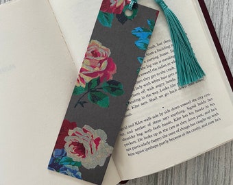 Rose Bookmark with Tassel | Blue & Pink Roses on Grey