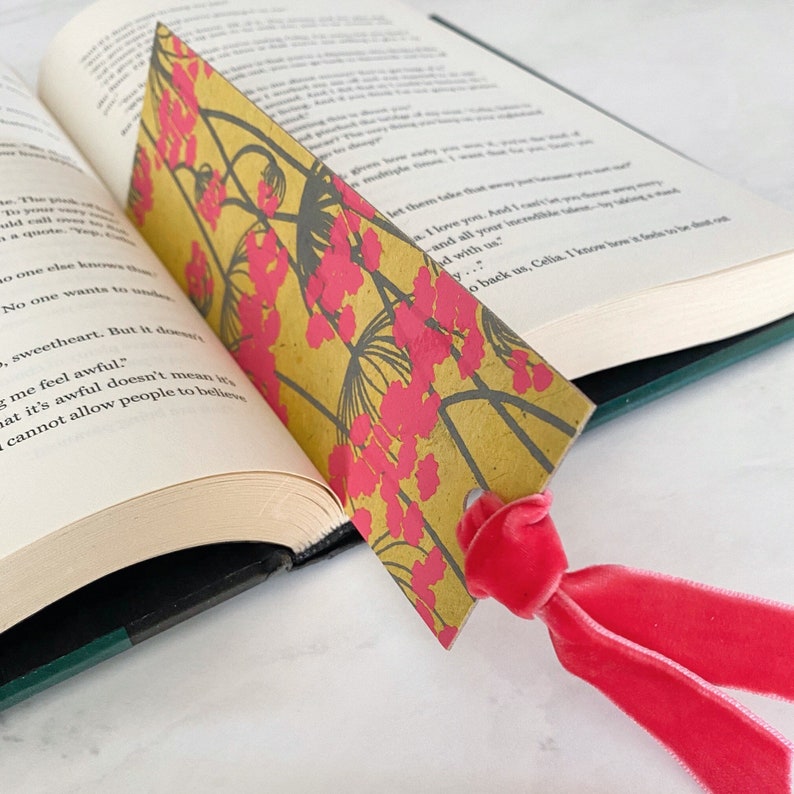 Velvet Ribbon Bookmark, Handmade Nepal Lokta Paper Bookmark, Bright Pink Floral, Pretty Bookmark Gift Idea, Thick Sturdy Bookmarks image 1