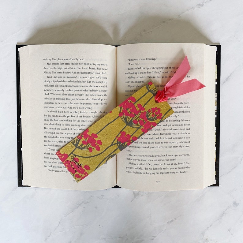 Velvet Ribbon Bookmark, Handmade Nepal Lokta Paper Bookmark, Bright Pink Floral, Pretty Bookmark Gift Idea, Thick Sturdy Bookmarks image 5