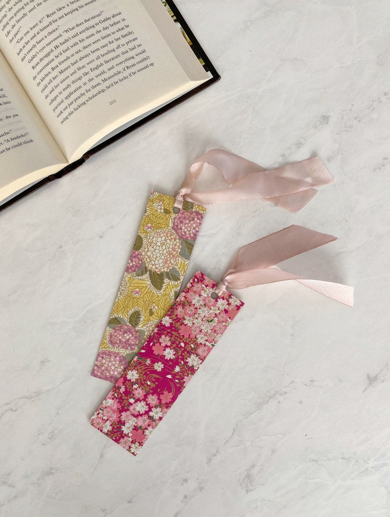 Silk Ribbon Bookmarks Japanese Bookmarks, Sakura and Primrose Floral Art Designs, SparkMarks Handmade Bookmarks, Mothers Day Gift image 1