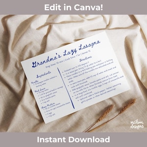 Editable Recipe Card Template, Handwritten Personalized Recipe Card, Printable 4x6in Recipe Card, Instant Download, DIY Recipe Card