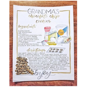 Illustration de recette à l'aquarelle personnalisée pour maman, carte de recette à l'aquarelle, art de recette illustré, cadeau de fête des mères, art de souvenir de recette de famille