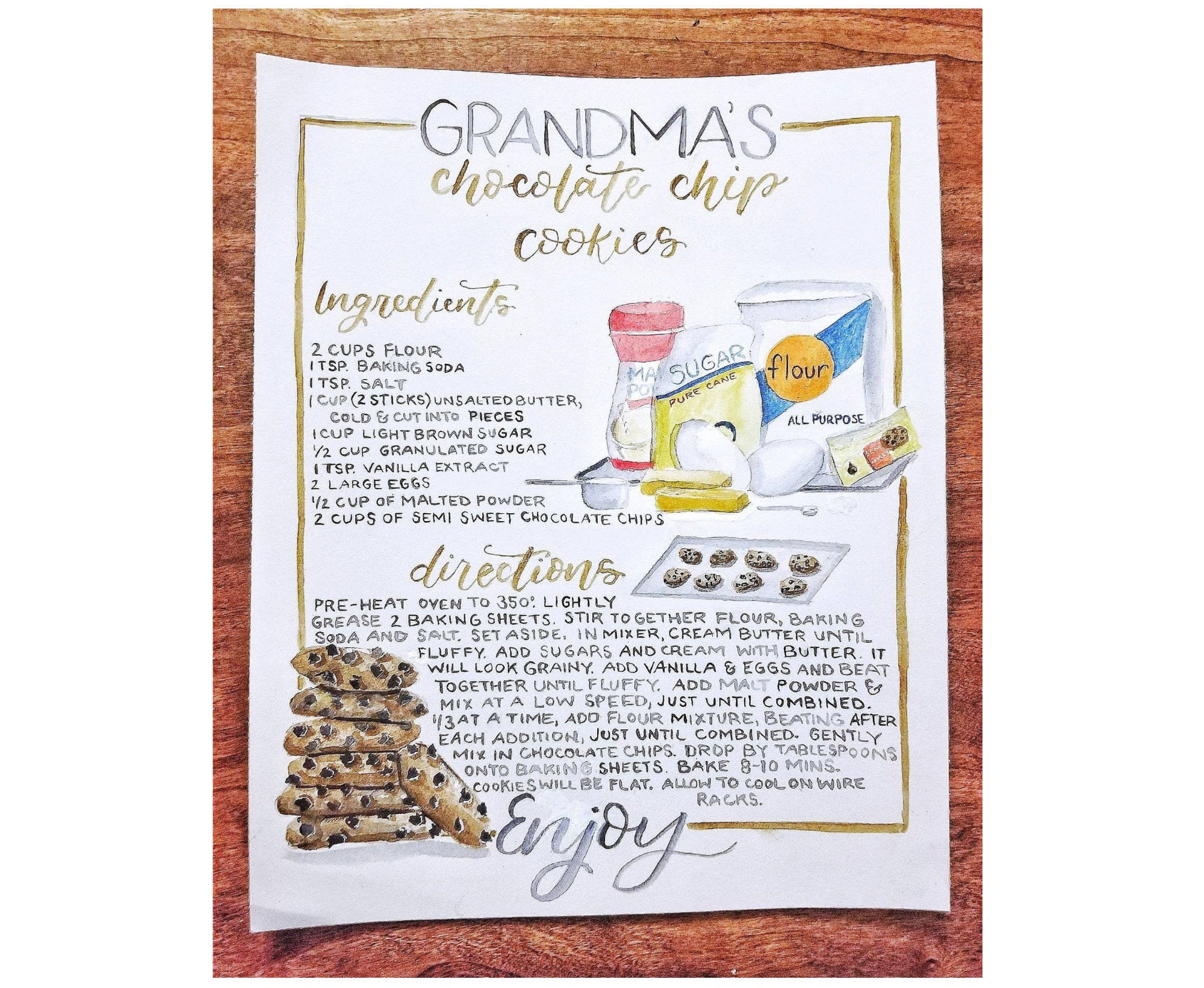 Custom watercolor recipe illustration for mom, watercolor recipe card, illustrated recipe art, mother's day gift, family recipe keepsake art