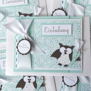 Einladung, Einschulung, Schulanfang, Eule mit Text und Umschlag 6er Set