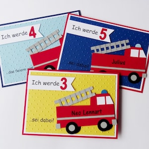 Einladung Kindergeburtstag, Geburtstag, Feuerwehr freie Farbwahl, 7 Stück