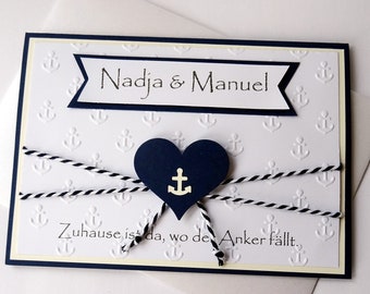 Maritime Glückwunschkarte, Hochzeit, Herz & Anker