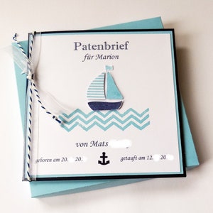 Taufbrief Patenbrief Boot maritim marineblau hellblau mit Karton