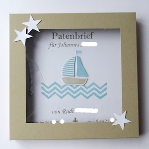 Patenbrief Boot maritim marineblau hellblau und sand mit Karton