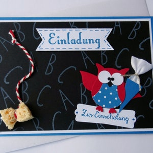 Einladung  Schulanfang Einschulung Eule mit Schultüte auf Tafel  freie Farbwahl, 6er Set