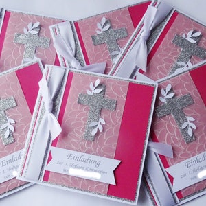 Einladungen Kommunion Konfirmation Firmung quadratisch personalisiert mit Text Kirchenspruch Namen 4er Set