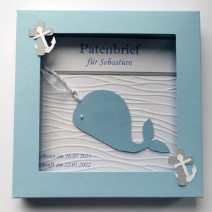 Patenbrief Wal, blau hellgrau mit Geschenkkarton