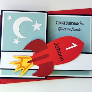 Pop up Glückwunschkarte Kindergeburtstag Geburtstag Rakete freie Farbwahl