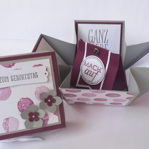 Geldgeschenk Glückwunschkarte Explosionsbox mit Tütchen Geburtstag oder andere Anlässe 7x7 cm