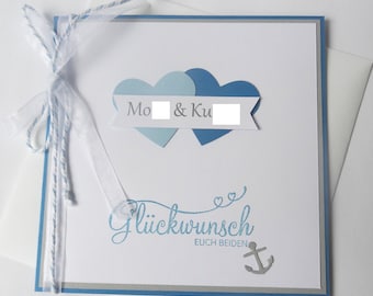 Glückwunschkarte Herz mit Schlagwörtern personalisiert maritime Hochzeitskarte