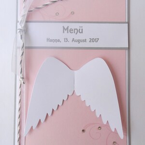 Menükarten Speisenkarte 5er Set Flügel rosa hellgrau Taufe Kommunion Einschulung Geburtstag