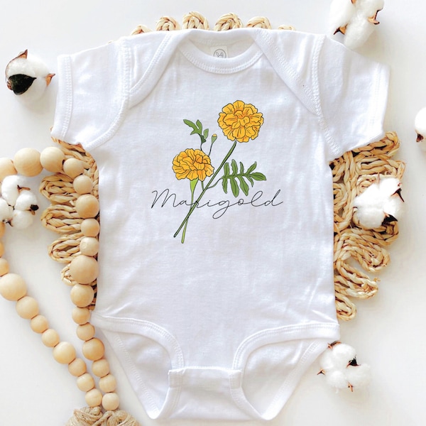 Personalized Marigold Baby Bodysuit, October Birth Flower Bodysuit, Marigold Baby Clothes, Baby Girl Floral Outfit, October Baby Girl Gift