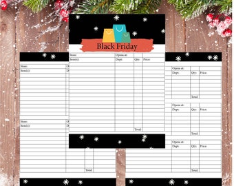 May include: Black Friday shopping list printable with a red banner and the words "Black Friday" in white. The printable has three sections with columns for store, item, opens at, department, quantity, price, and total.