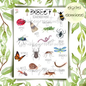 May include: A watercolour insect scavenger hunt printable. The sheet features illustrations of various insects, including a ladybug, bee, butterfly, and spider, with check boxes next to each. The words "INSECT SCAVENGER HUNT" are at the top, with "digital download" in the corner.