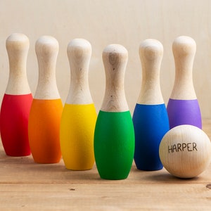 Rainbow Bowling Set, Wood Toys, Montessori Toy, Wooden Bowling Pins, Preschool Toys, Daycare Toys, Baby Shower Gift, Montessori Inspired