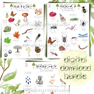 May include: A digital download bundle featuring three nature-themed scavenger hunt printables. The watercolor illustrations include insects, plants, and animals. The bundle includes the text "digital download bundle".