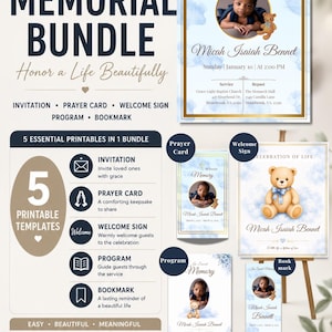 Baby Boy Funeral Bundle Canva Template, Memorial Bundle, Editable Celebration of Life Set, Funeral Program Invitation Welcome Sign