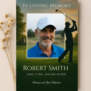 May include: A memorial card featuring a photograph of a smiling man wearing a white cap and blue shirt. A silhouette of a golfer is shown. Text includes "IN LOVING MEMORY" and "ROBERT SMITH" with dates. The Canva logo is visible.