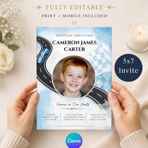 May include: A funeral invitation with a blue and white racing theme. The invitation includes the name "Cameron James Carter" and dates. The design features a race car, checkered flag, and the text "Forever in Our Hearts."