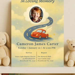 May include: A memorial announcement with a watercolor style background. The text "In Loving Memory" is at the top, with a photo of a child in a cloud. A red car with wings is on a road. The announcement is for Cameron James Carter.