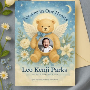 May include: A memorial card featuring a teddy bear with angel wings, a photo of a smiling child, and the text "Forever In Our Hearts." The card includes the name "Leo Kenji Parks" and dates "August 2, 2024 - May 5, 2025."