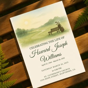 May include: A memorial announcement with a watercolor golf course scene. The text reads "Celebrating the Life of Howard Joseph Williams" with dates and location details. The card is on a wooden surface.