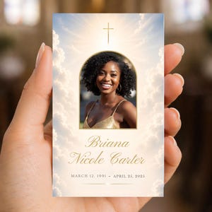 May include: A memorial card featuring a portrait of a smiling woman, framed by a golden arch and set against a cloudy sky background. The card includes the name "Briana Nicole Carter" and dates of birth and passing. The Canva logo is visible.