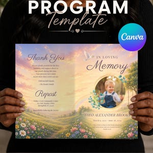 Puede incluir: Una plantilla editable para programa funerario con un paisaje al atardecer, un arcoíris, un campo de flores y una paloma blanca. El texto incluye "In Loving Memory", "Thank You" y "Theo Alexander Brooks" con un marco circular.