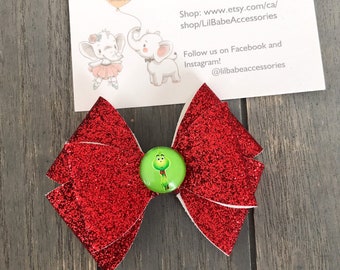 grinch bows glitter faux leather bows hair bows hair accessories Faux leather bows hair clips glitter bows