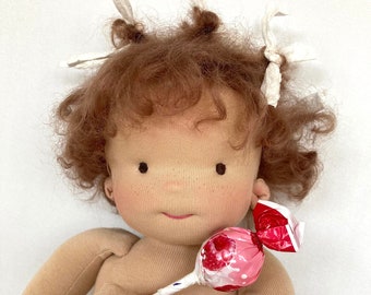 MAX doll 38 cm, 15“ handmade Waldorf doll WISH DOLL, boy, eco, earth tones, brown curly mohair hair, brown eyes, gift