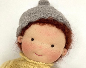 FYNN doll 38 cm, 15" handmade Waldorf doll boy, wish doll, gender-neutral rag doll, chestnut brown mohair hair, brown eyes, eco