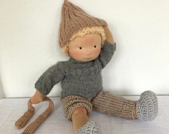 MATTIS doll 38 cm 15" Waldorf doll boy, handmade from fabric, with blonde mohair hair, brown eyes, jointed doll, organic, sustainable