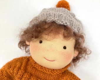 LEON doll 36 cm, 14“ handmade Waldorf doll WISH DOLL, boy, curly head, earth colours, brown curly mohair hair, brown eyes, gift